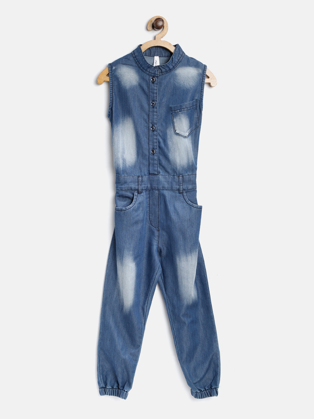 Gilr's Navy Blue Denim Jumpsuit With Washed Effect - StyleStone Kid