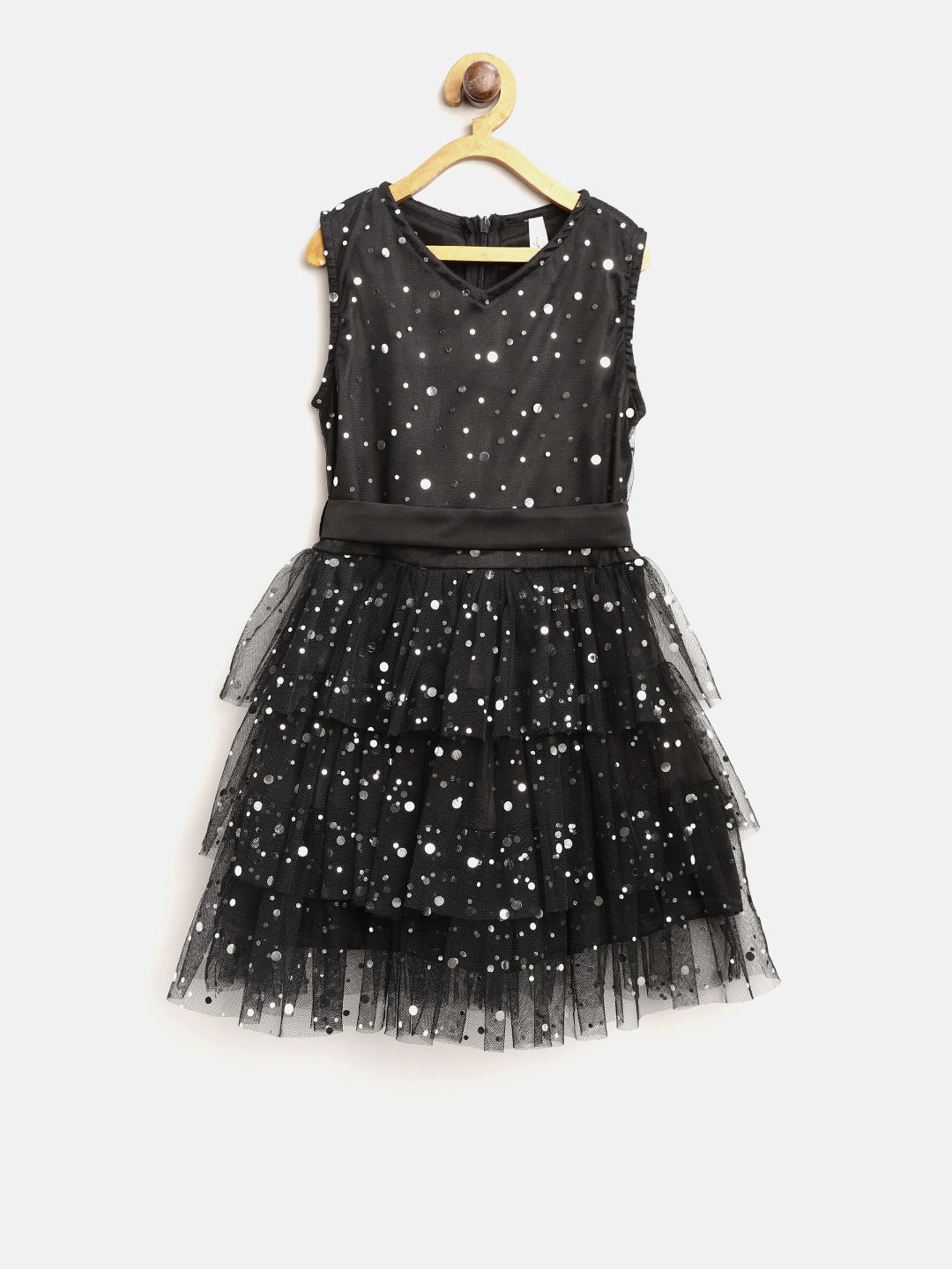 Gilr's Multitier Embellished Black Net Party Dress - StyleStone Kid