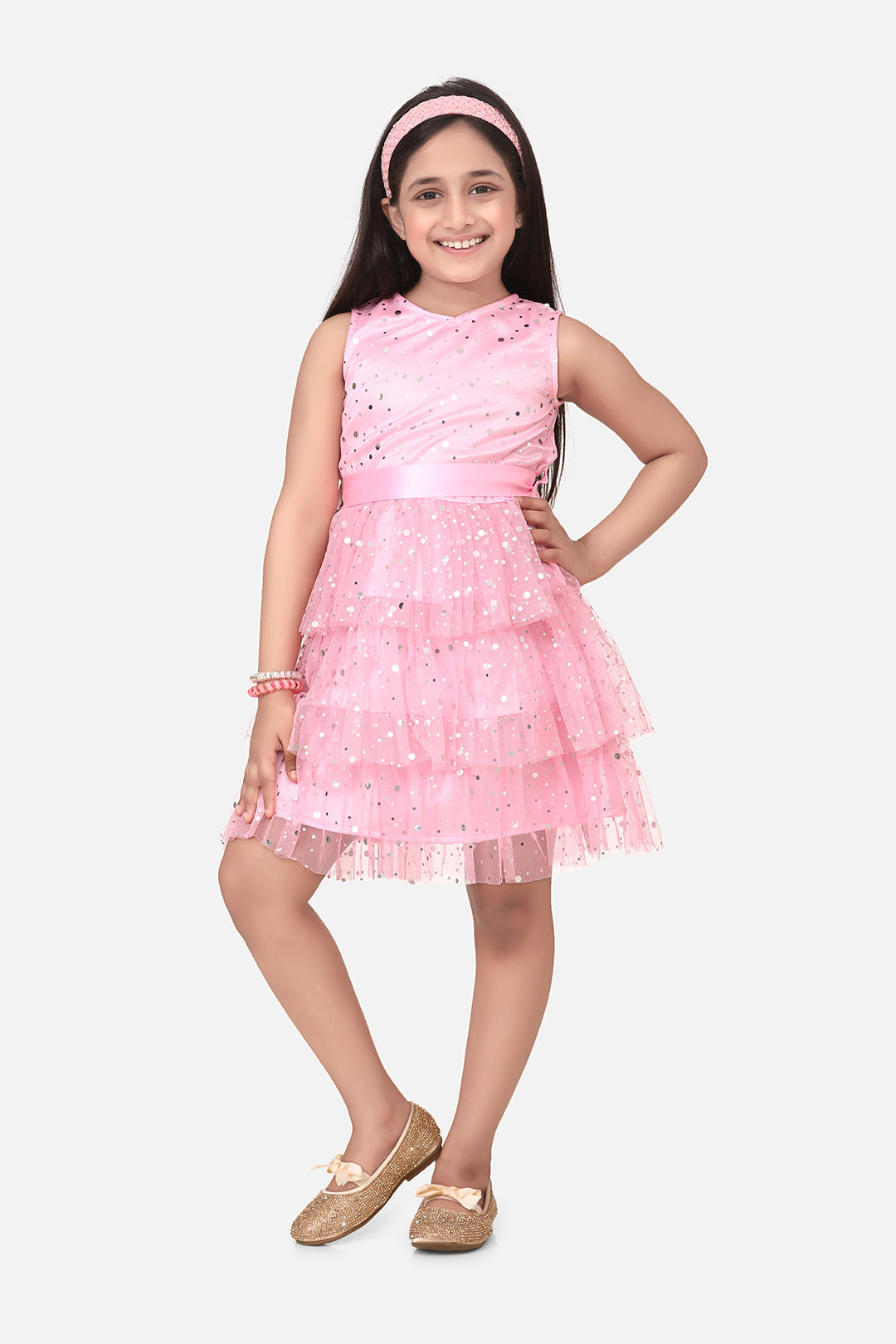 Gilr's Multitier Embellished Pink Net Party Dress - StyleStone Kid