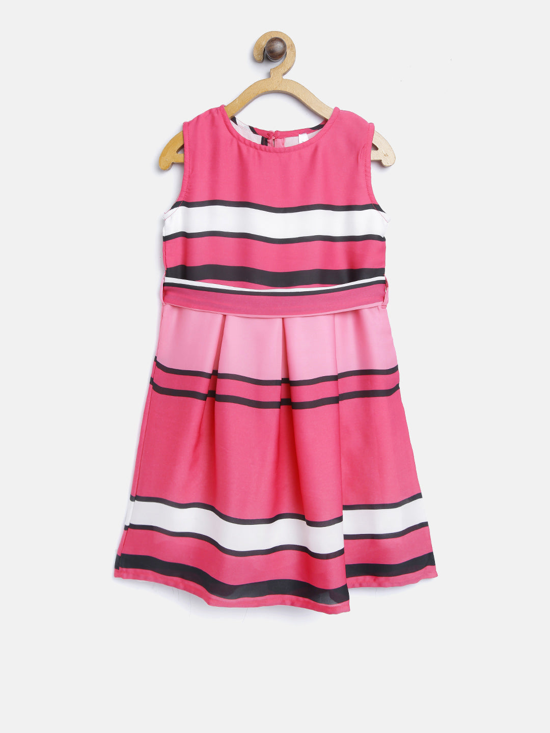 Gilr's Pink Satin Stripe Party Dress With Belt - StyleStone Kid