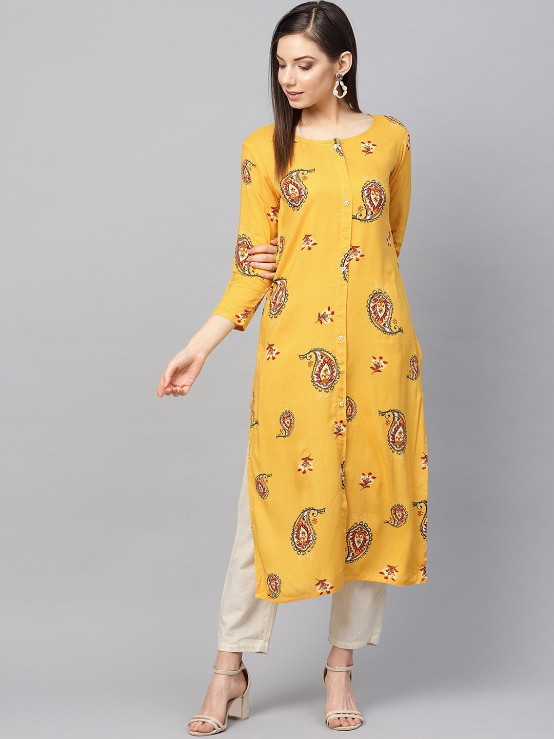 Women's Mustard Yellow & Red Printed Kurta - Yufta