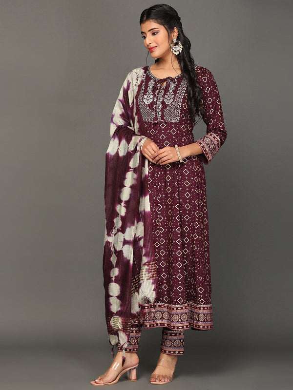 Women's Ethnic Motifs Printed Thread Work Anarkali Kurta With Trousers & Dupatta - Noz2Toz