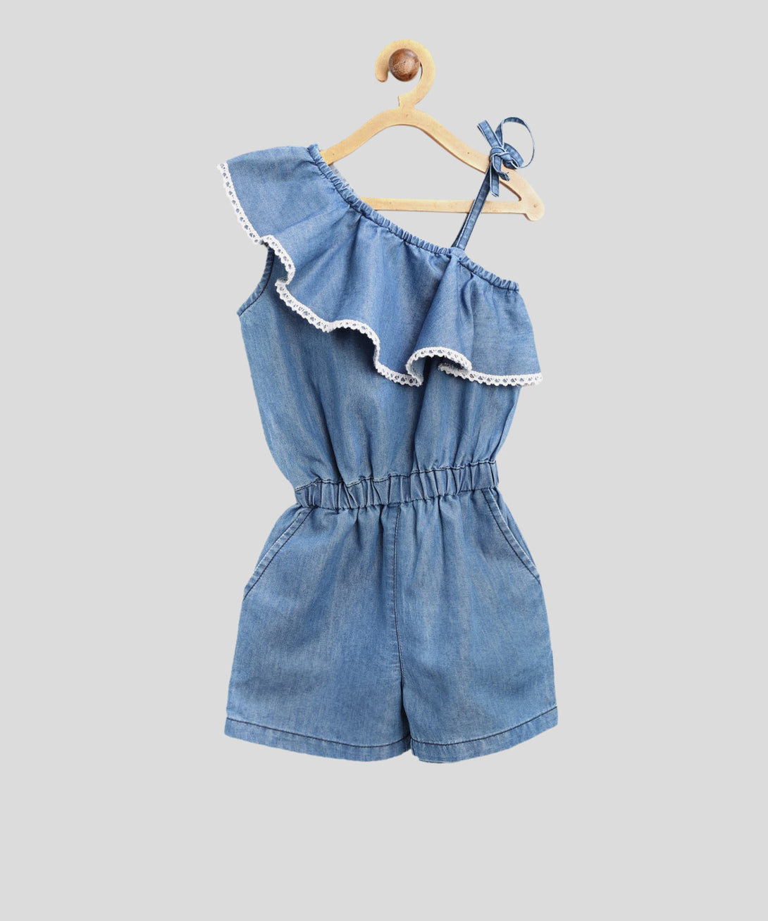 Gilr's Denim Lace Flap One Shoulder Playsuit - StyleStone Kid