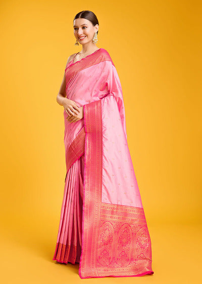 Women's Buy Online Light Pink Colour Woven Banarasi Silk Saree - Monjolika