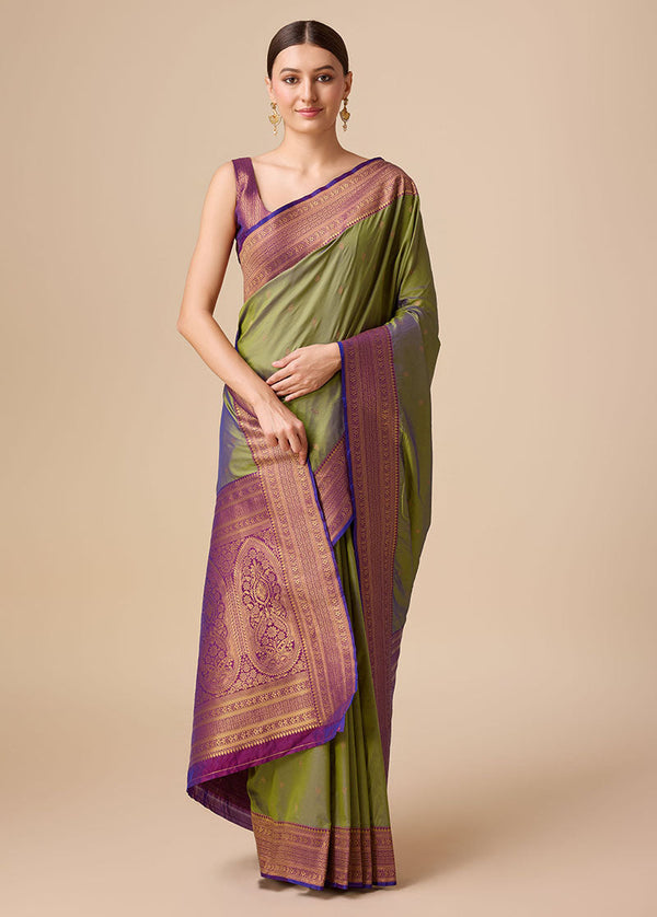 Women's Buy Online Olive Green Colour Woven Banarasi Silk Saree - Monjolika