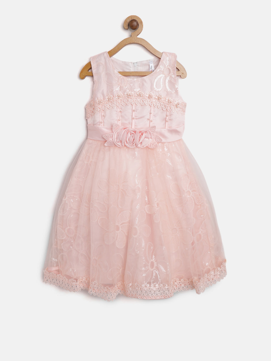 Gilr's Peach Pearls And Roses Embellished Party Dress - StyleStone Kid