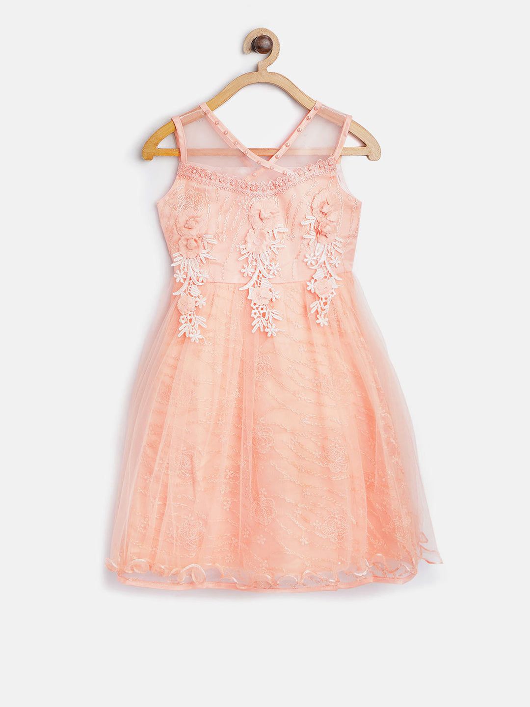 Gilr's Orange Flowers And Pearls Embellished Party Dress - StyleStone Kid