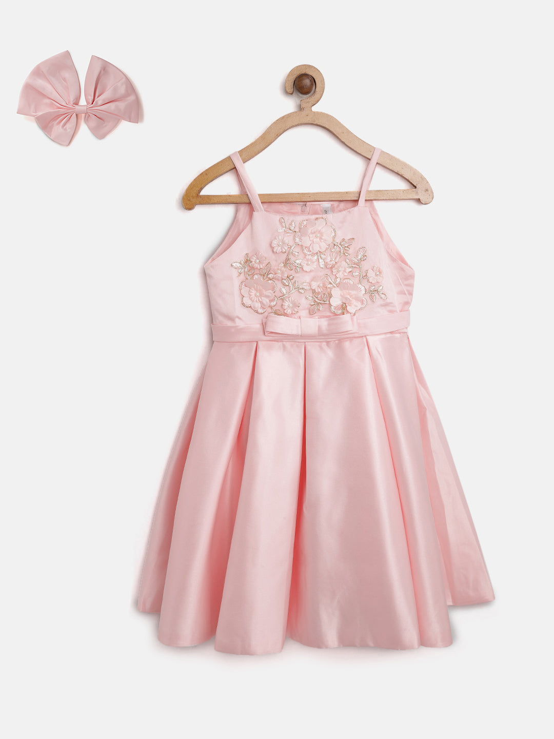 Gilr's Pink Pleated And Embellished Party Dress With Beautiful Back Bow - StyleStone Kid