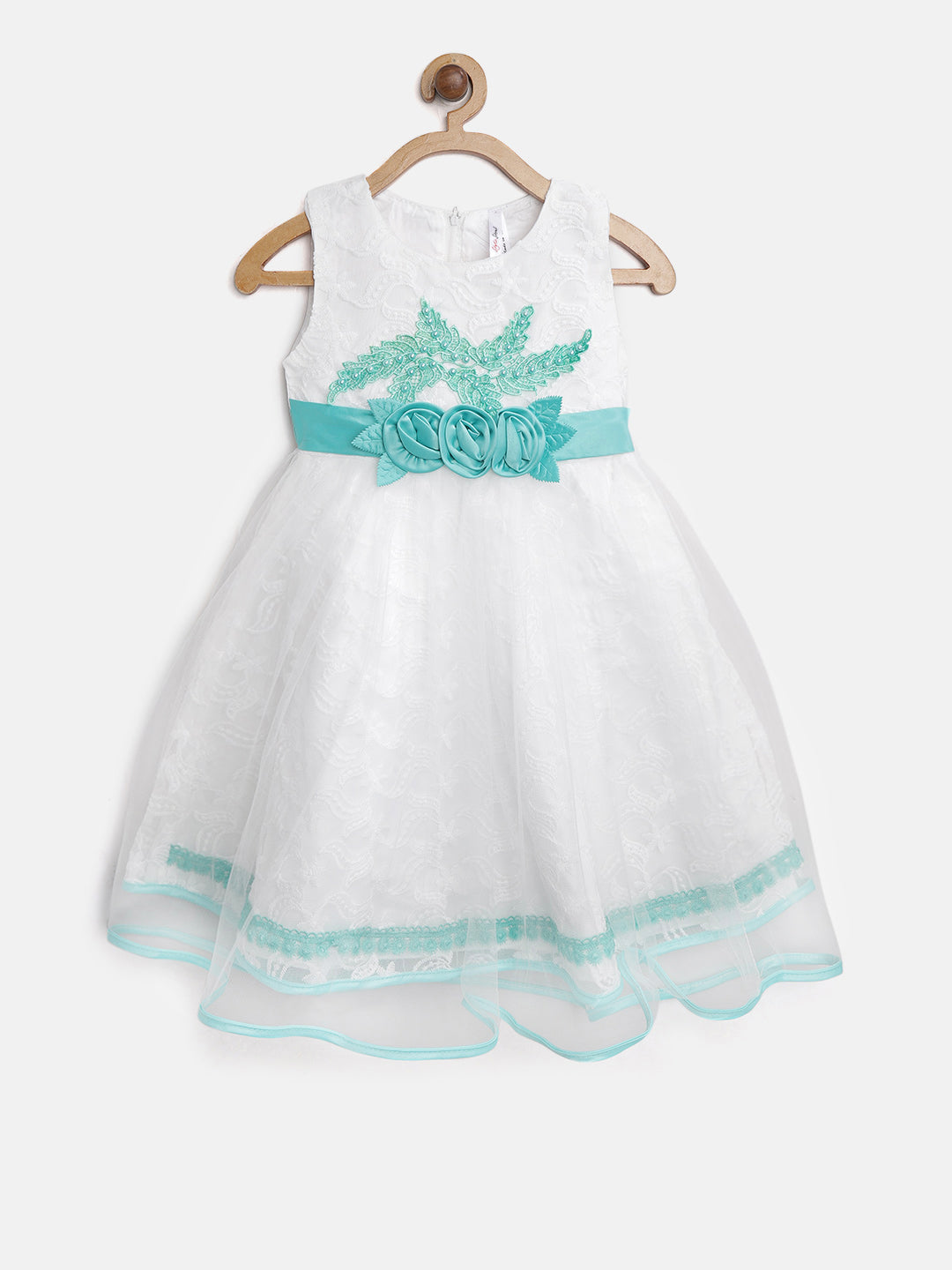 Gilr's White And Green Embellished And Embroidered Party Dress - StyleStone Kid