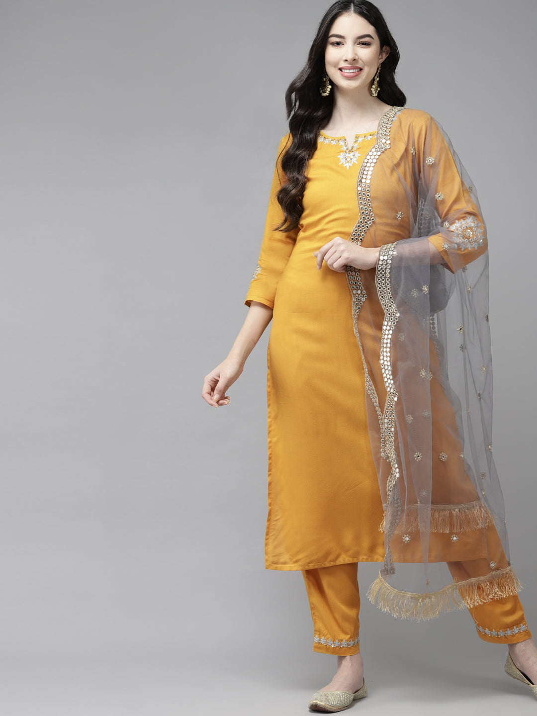 Women's Yellow Sequinned Kurta With Palazzos & With Dupatta - Yufta