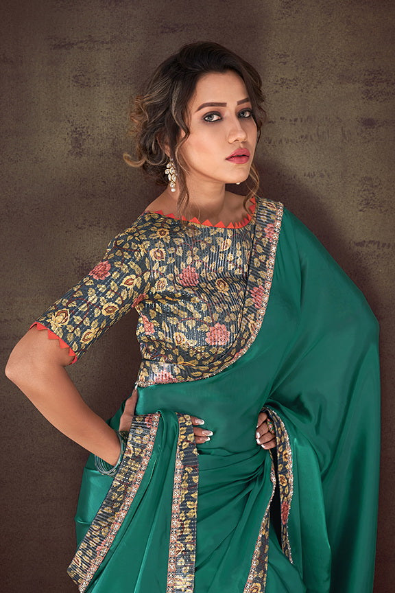 Green Organza Silk Crepe Solid Saree with Unstitched Blouse