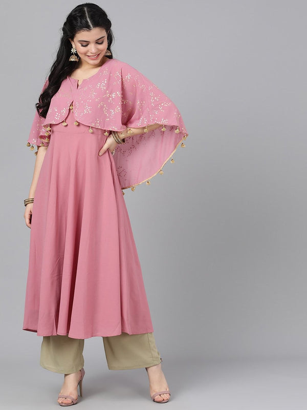 Women's  Mauve & Gold-Coloured Printed Anarkali Kurta - AKS