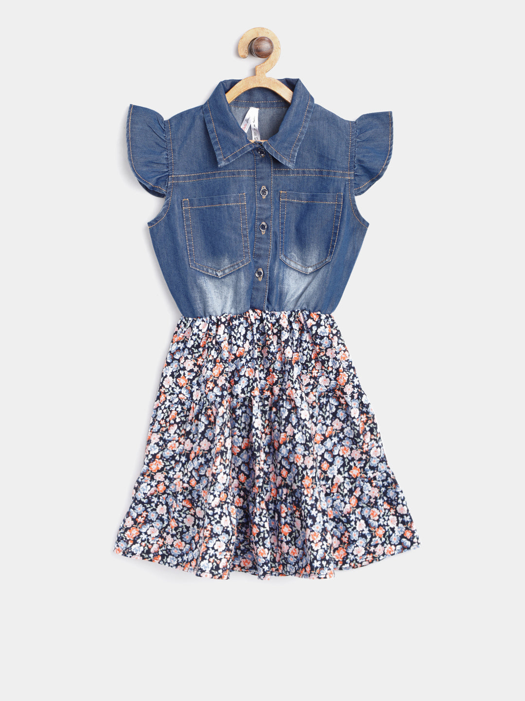 Gilr's Denim And Blue And Red Floral Printed Dress - StyleStone Kid