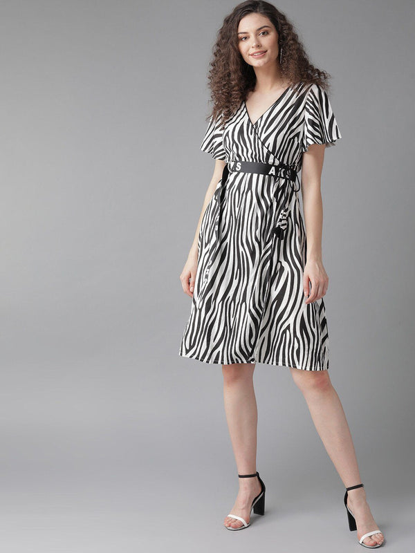 Women's  White & Black Animal Printed Wrap Dress - AKS