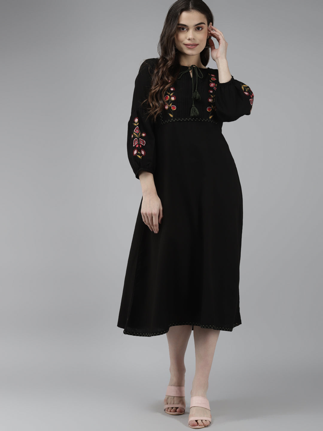 Women's Black Pure Cotton Floral Embroidered A-Line Dress - Yufta