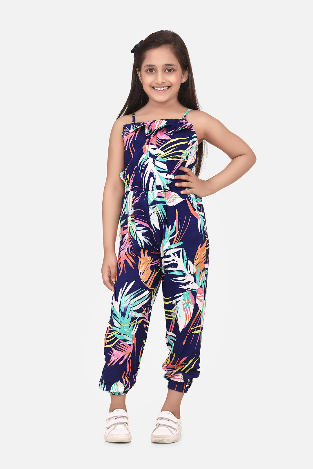 Girl's Multi Colored Leaf Print Rayon Jumpsuit - StyleStone Kid