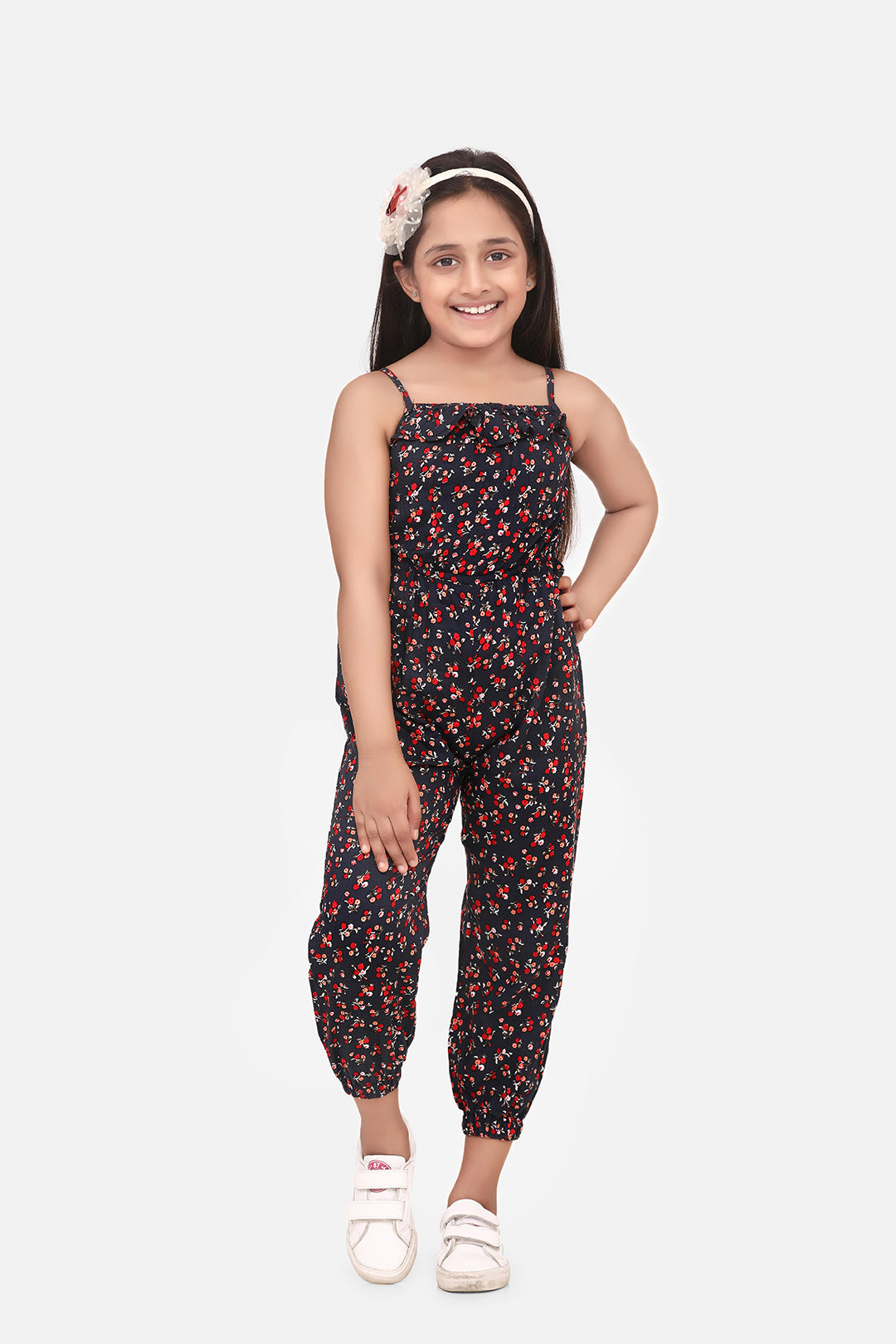 Girl's Red And Black Printed Rayon Jumpsuit - StyleStone Kid