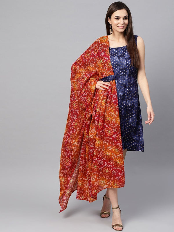 Women's  Navy Blue & Golden Printed A-Line Dress with Dupatta - AKS