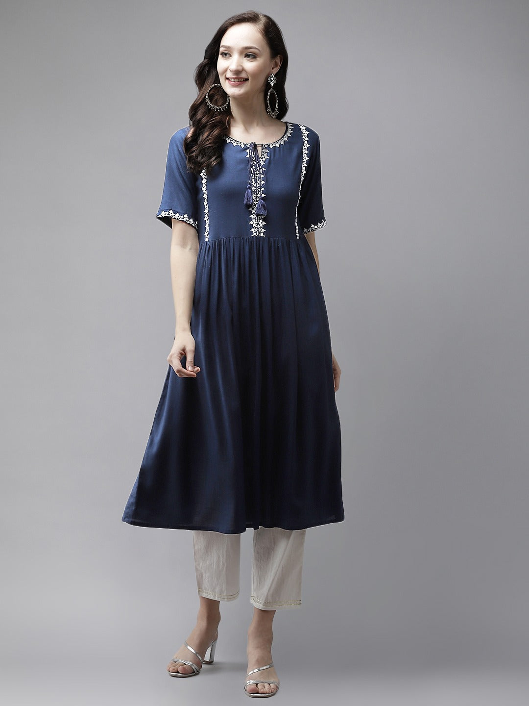 Women's Navy Blue A Line Kurta - Yufta