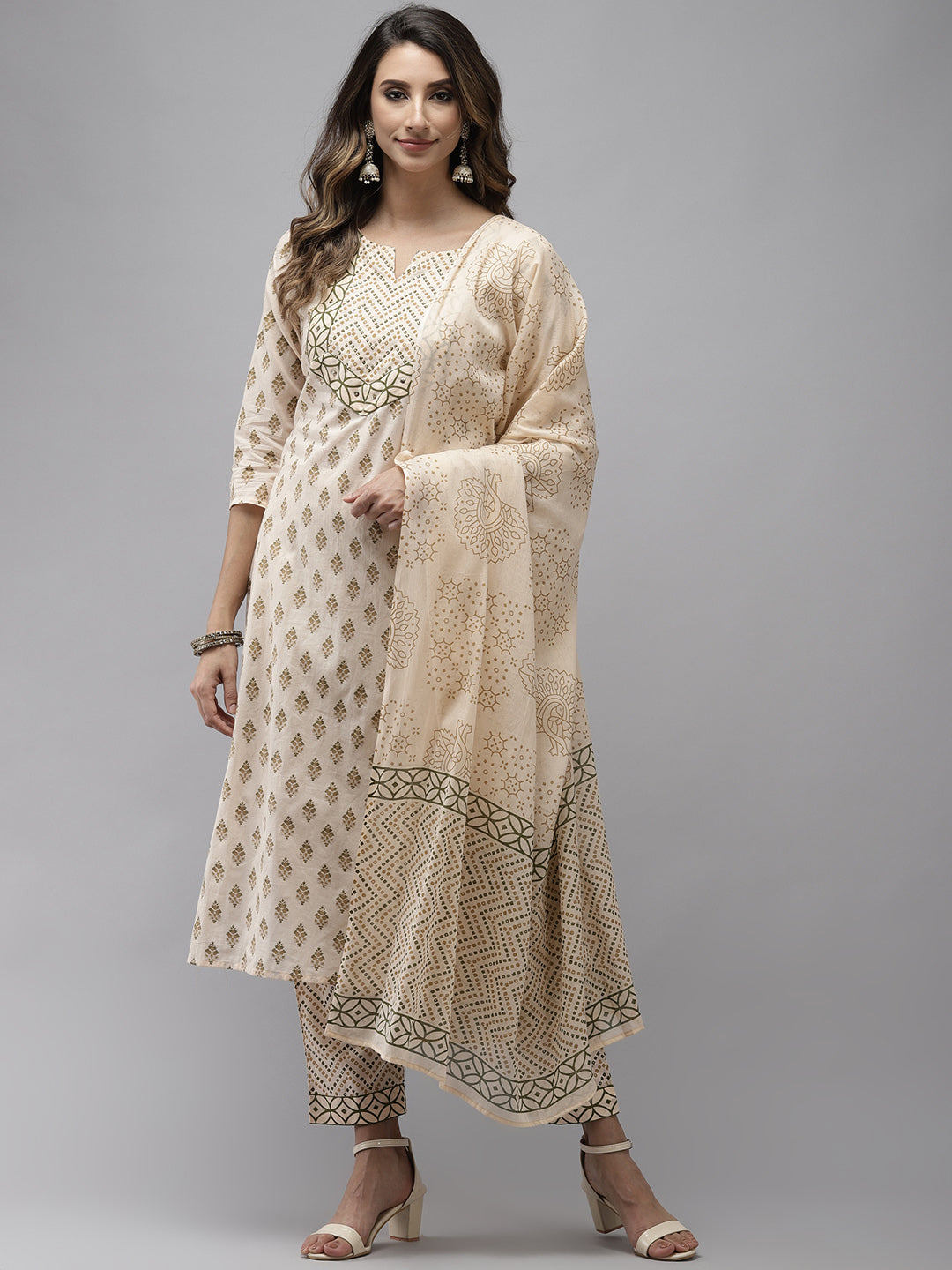 Women's Beige & Green Ethnic Motifs Printed Cotton Kurta With Trousers With Dupatta - Yufta