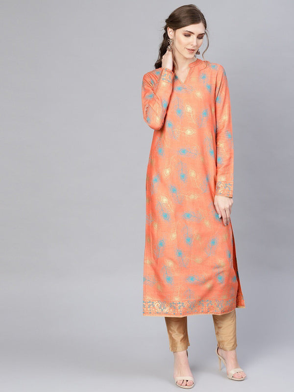 Women's  Peach-Coloured & Blue Printed Straight Kurta - AKS