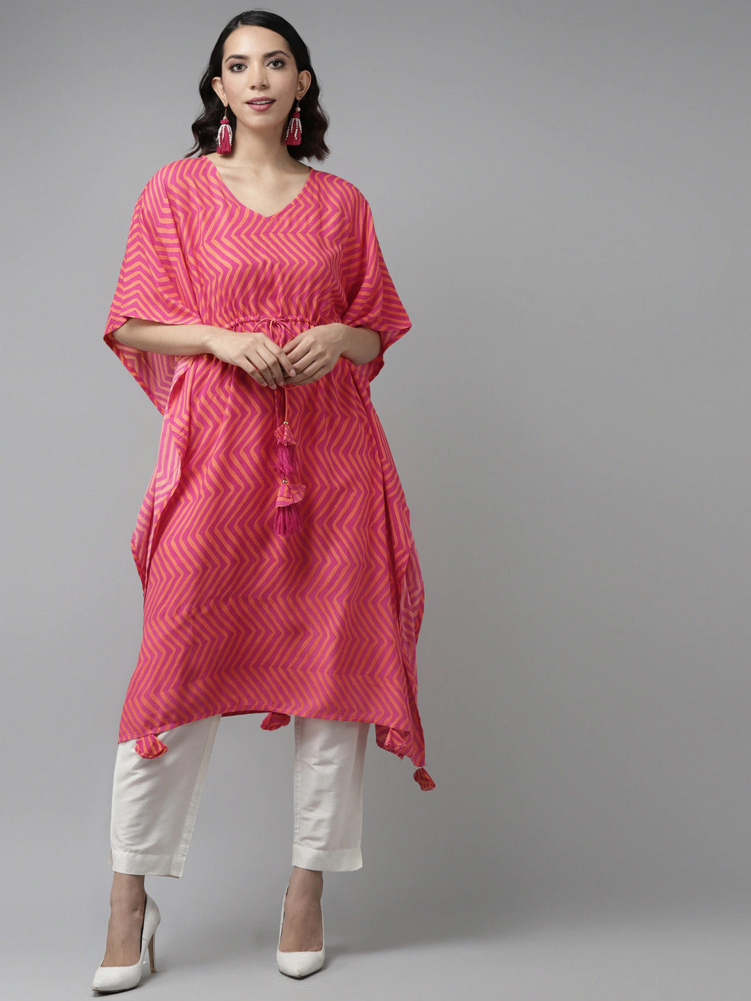 Women's Pink & Orange Printed Kaftan Kurta - Yufta