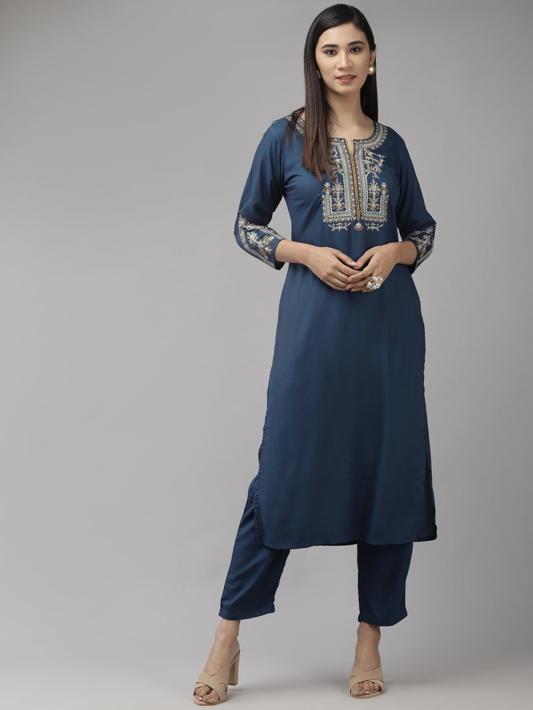 Women's Teal Blue Yoke Design Thread Work Kurta With Palazzo - Yufta