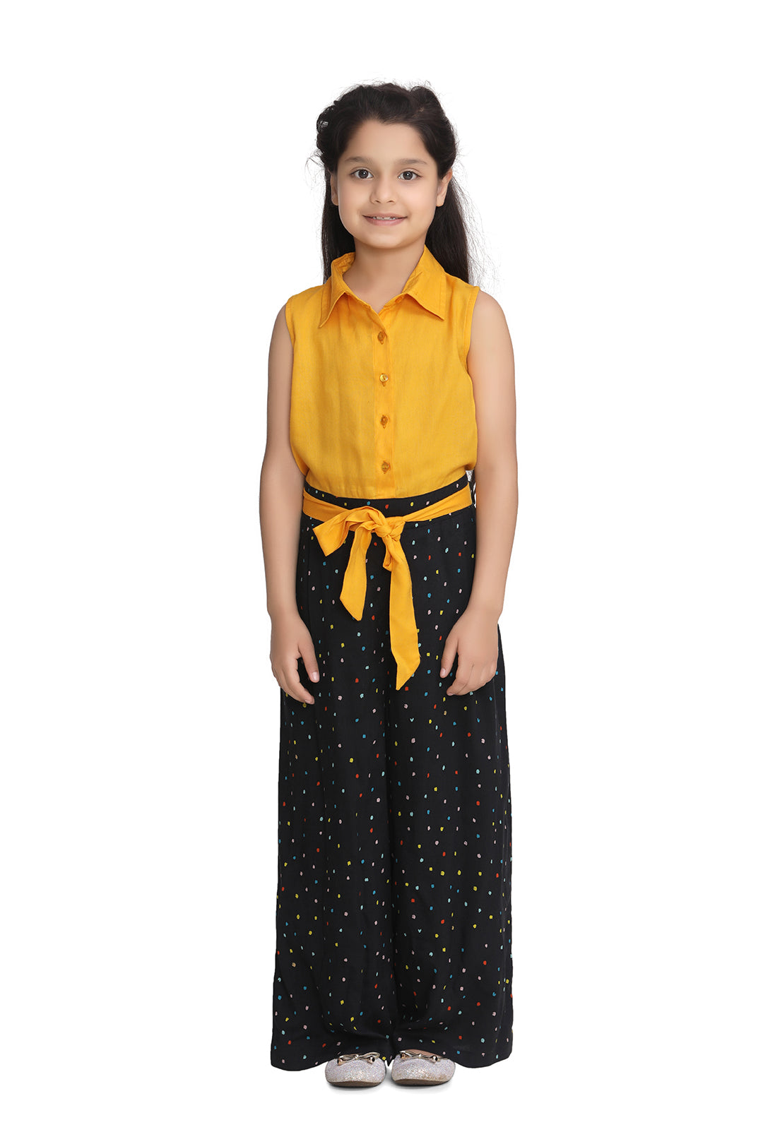 Girl's Yellow And Black Rayon Jumpsuit With Belt - StyleStone Kid