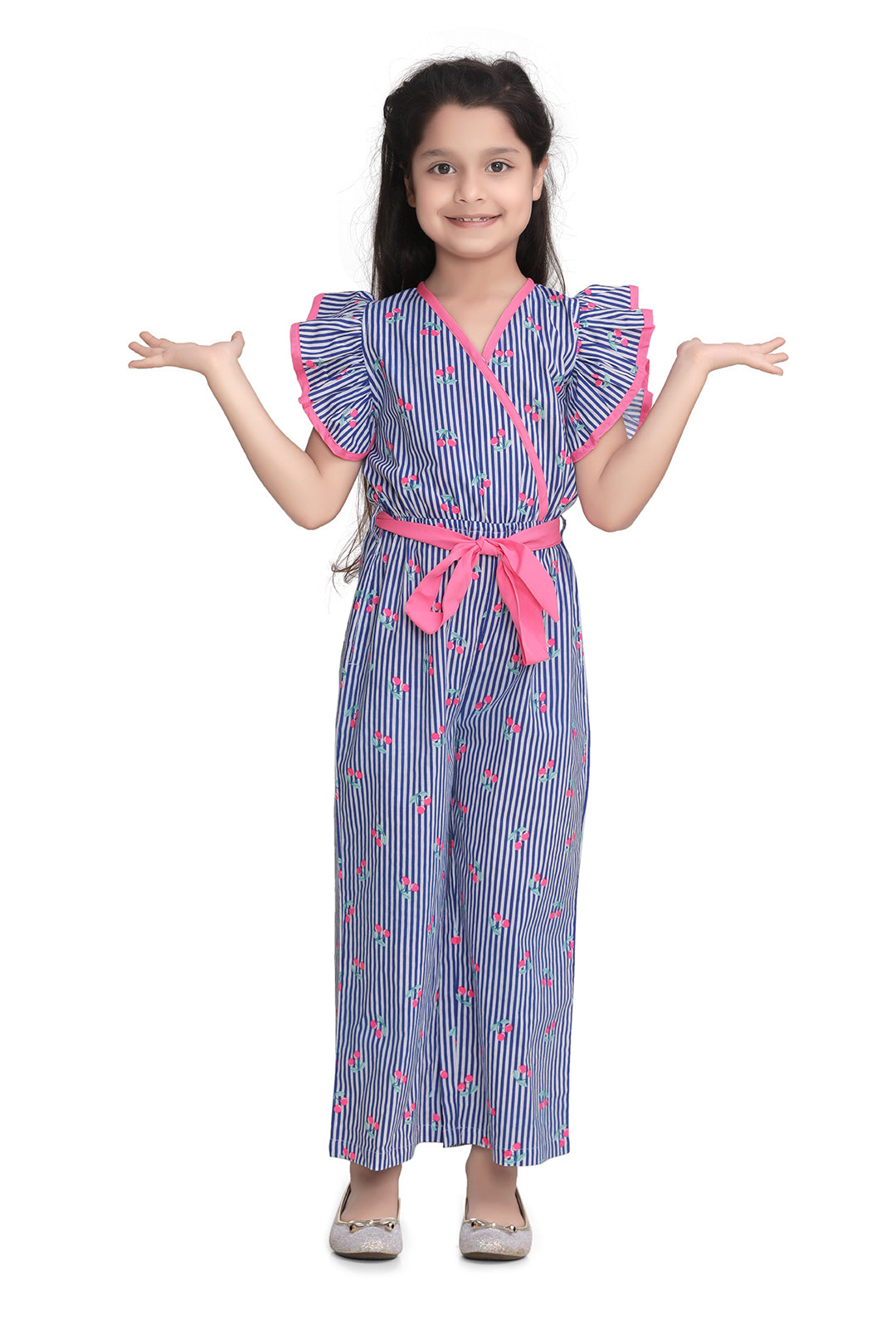 Girl's Blue And Pink Stripe Cherry Jumpsuit - StyleStone Kid