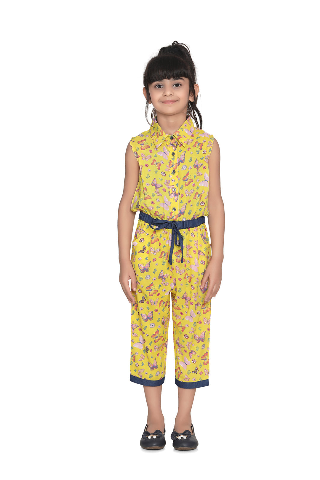 Girl's Cotton Yellow Butterfly Capri Style Jumpsuit - StyleStone Kid