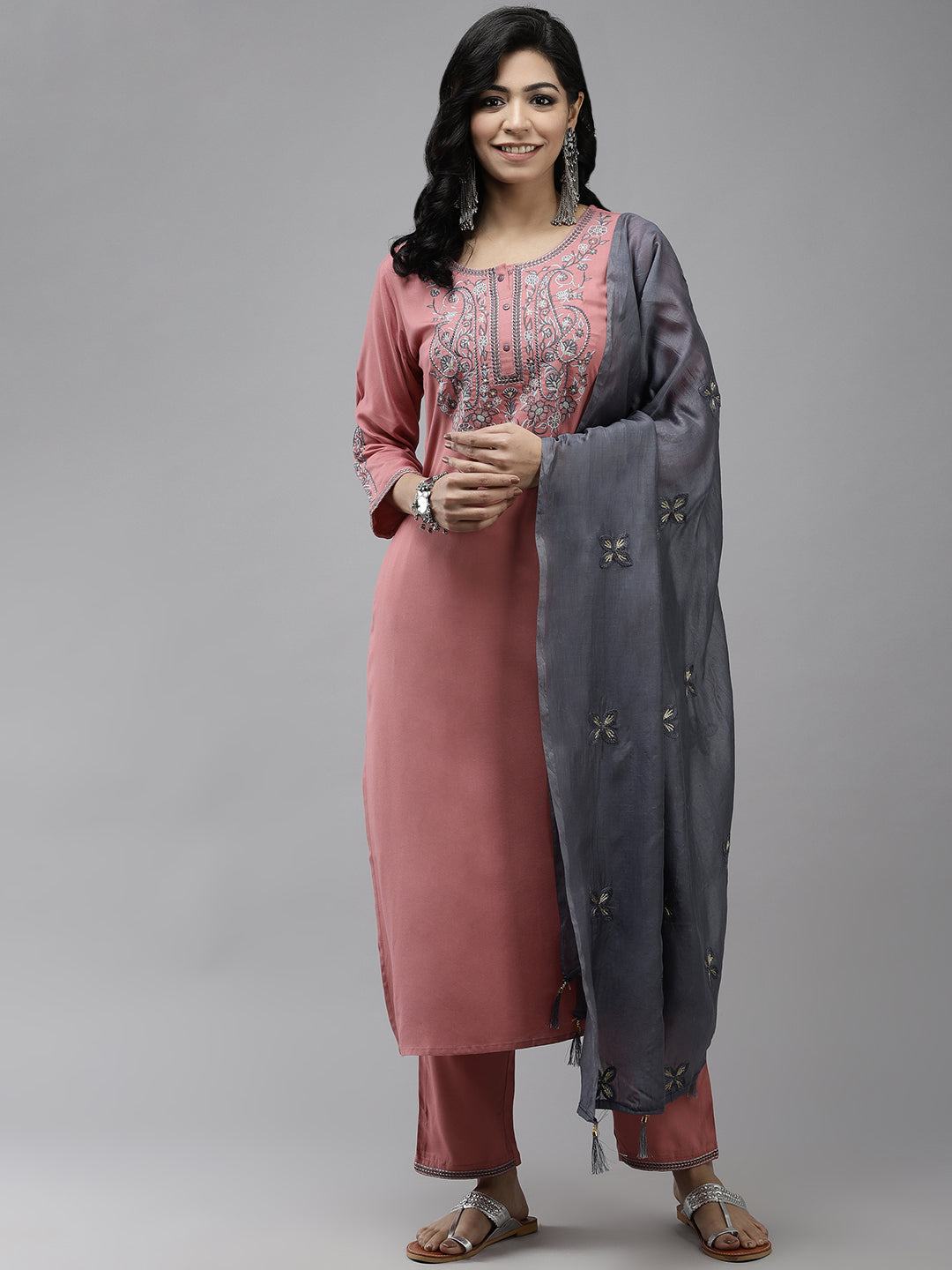 Women's Pink Ethnic Motifs Yoke Design Thread Work Kurta With Palazzos With Dupatta - Yufta