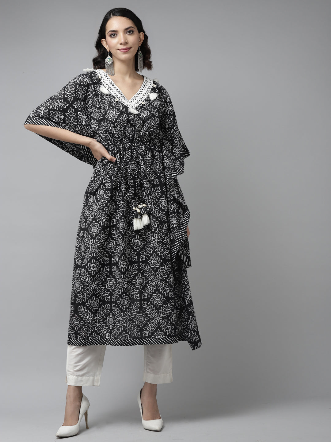 Women's Black & White Printed Kaftan Kurta - Yufta