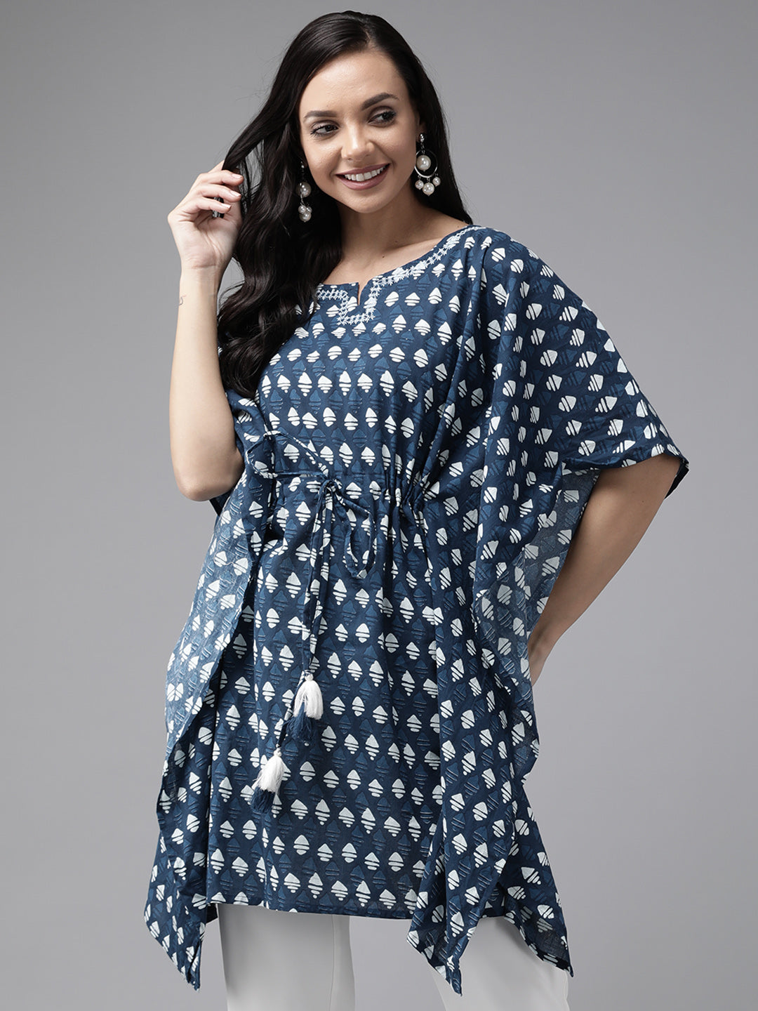 Women's Blue & Offwhite Printed Kaftan Kurta - Yufta