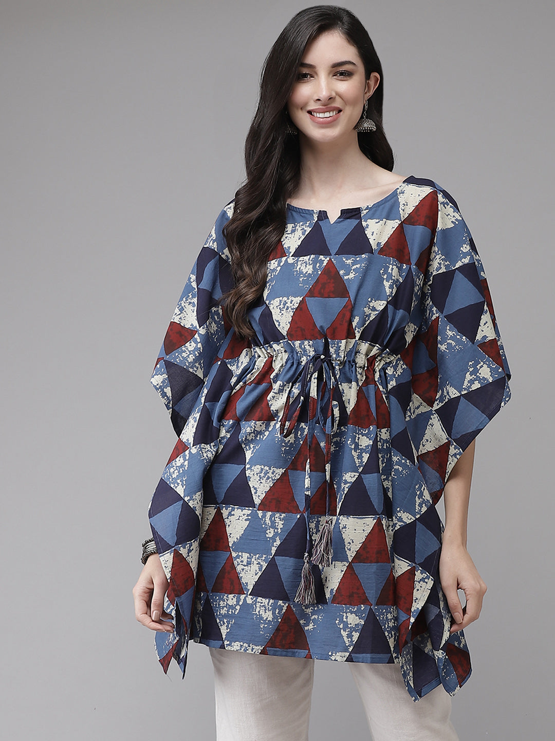 Women's Blue & Red Geometric Printed Flared Sleeves Kaftan Kurti - Yufta