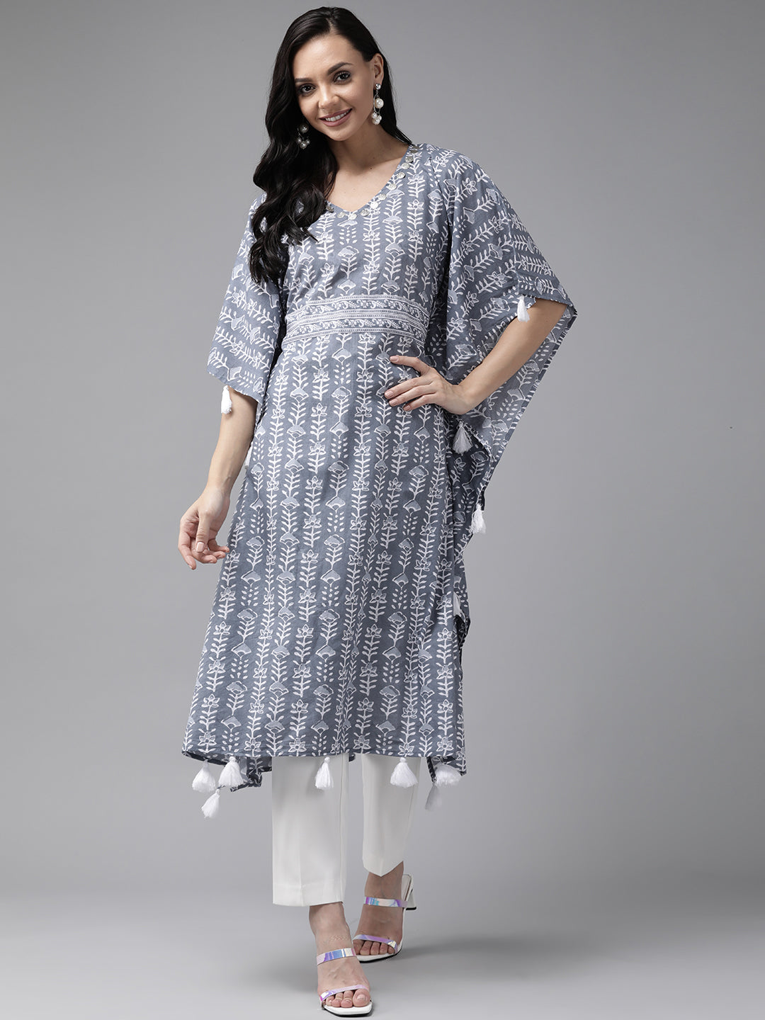 Women's Grey & Off White Printed Kaftan Kurta - Yufta