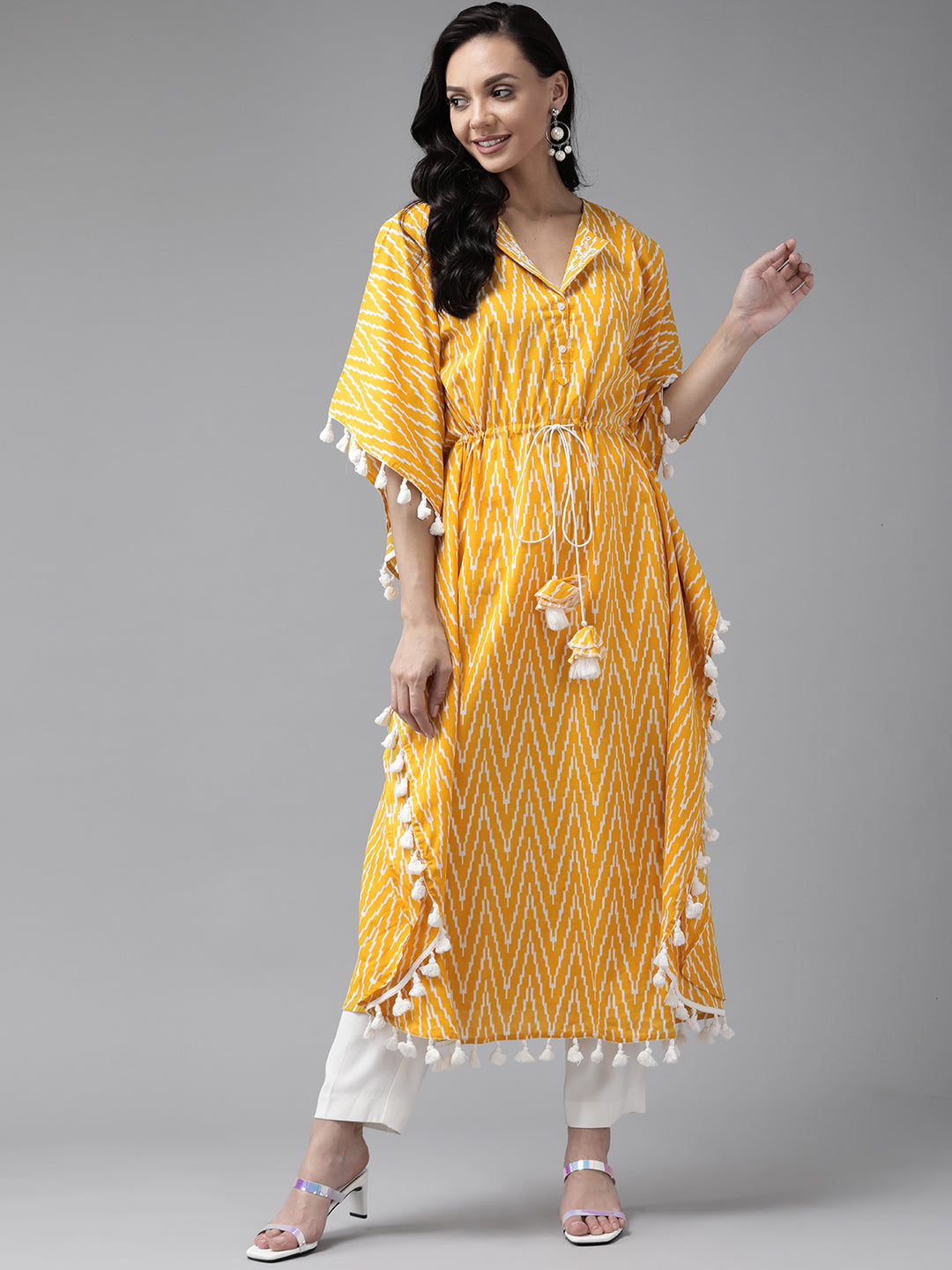 Women's Yellow & Off White Printed Kaftan Kurta - Yufta