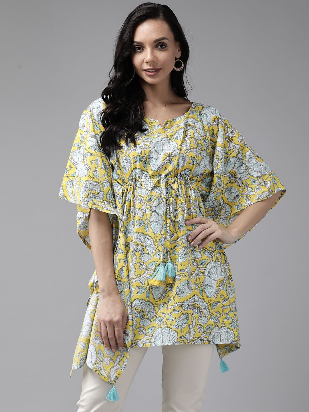 Women's Yellow & Blue Printed Kaftan Kurta - Yufta