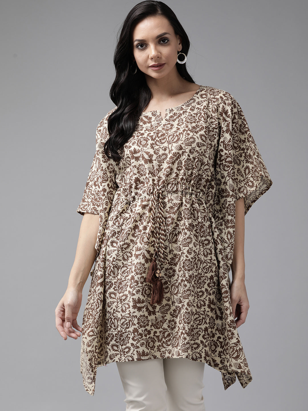 Women's Brown & Beige Printed Kaftan Kurta - Yufta