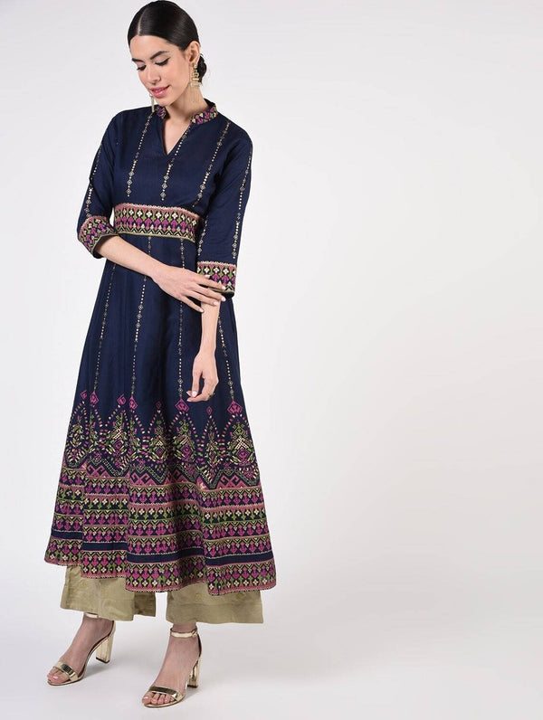 Women's Navy Blue Cotton Hand Block Print Ghagra Style Anarkali Kurta Only - Cheera