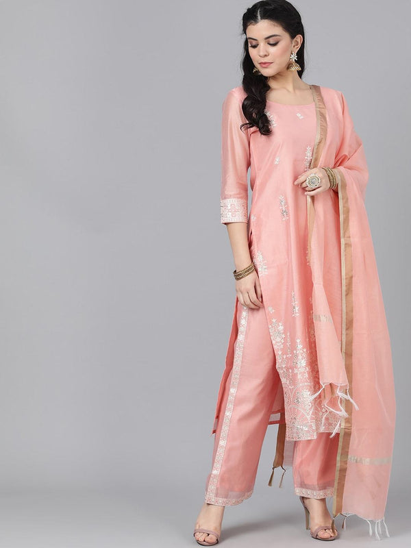 Women Peach Kurta with Trousers & Dupatta by AKS (3 Pc Set)