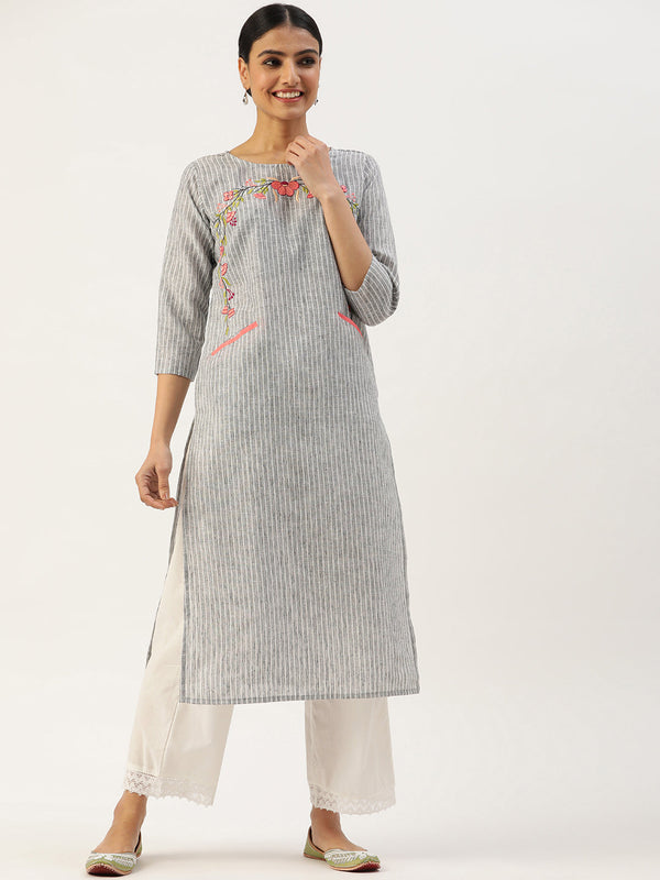 Women's Embroidered Cotton Blend Straight Kurta (Grey) - VAABA