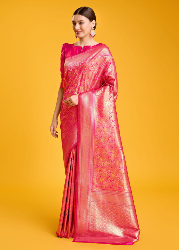 Women's Buy Online Rani Pink Colour Hand Woven Banarasi Silk Saree - Monjolika