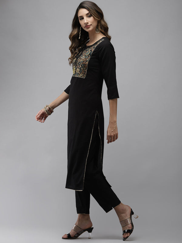 Women's Black Patch Work Kurta With Palazzo & Dupatta - Yufta