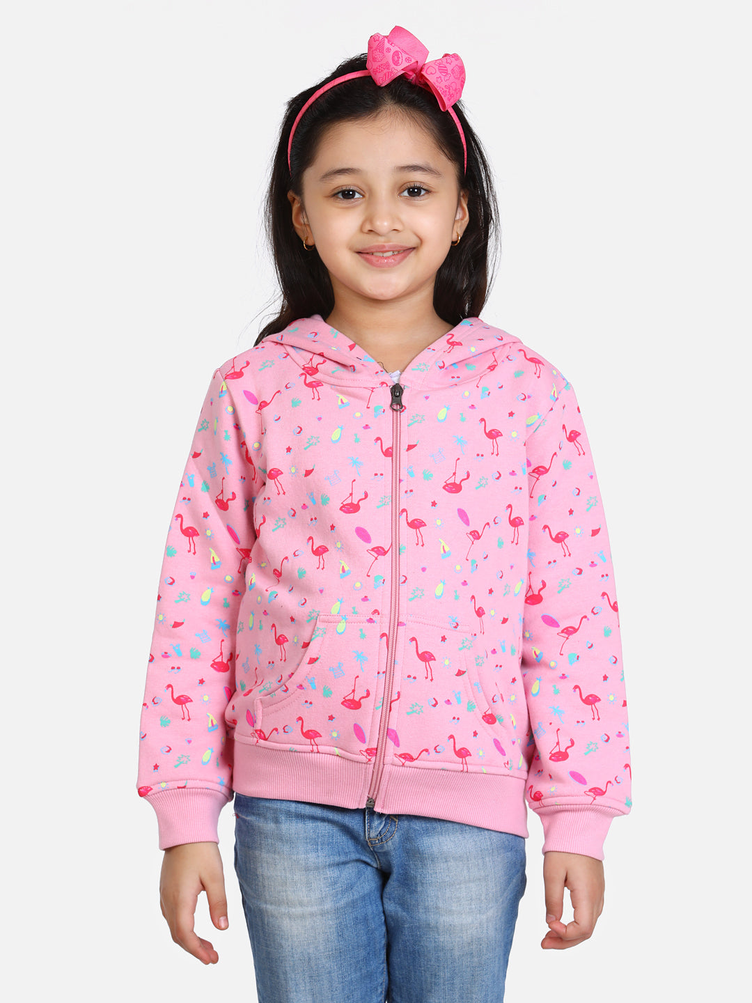 Girl's  Light Pink Flamingo Printed Jacket With Hoodie - StyleStone Kid