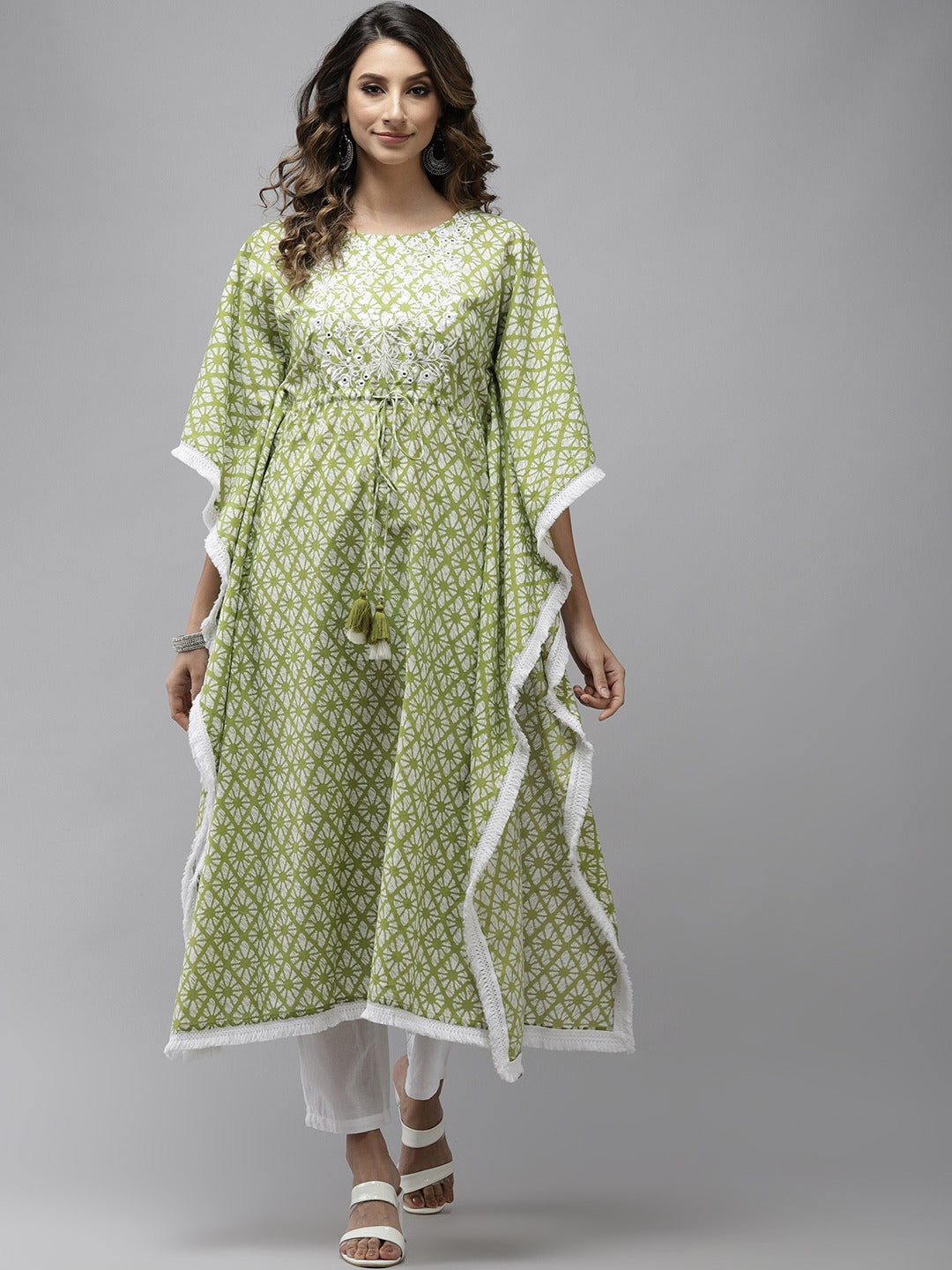 Women's Lime Green Printed Kaftan Kurta - Yufta