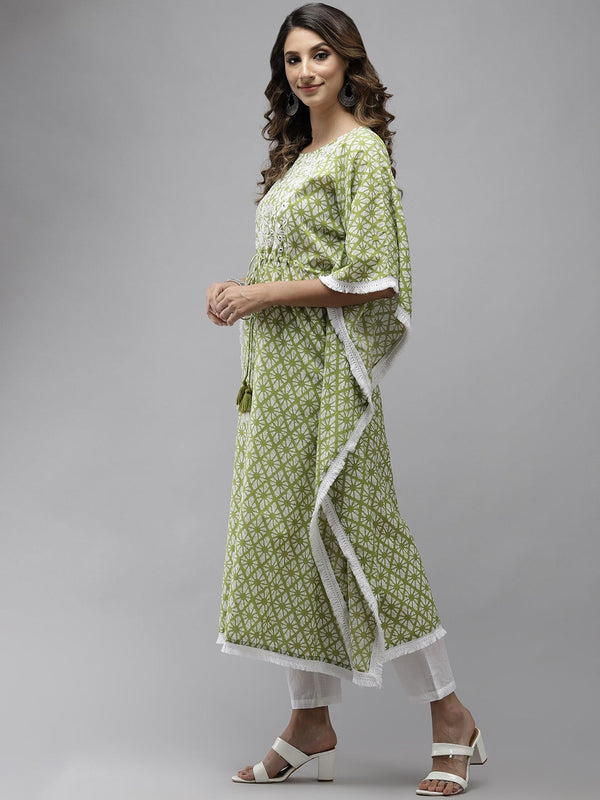 Women's Lime Green Printed Kaftan Kurta - Yufta