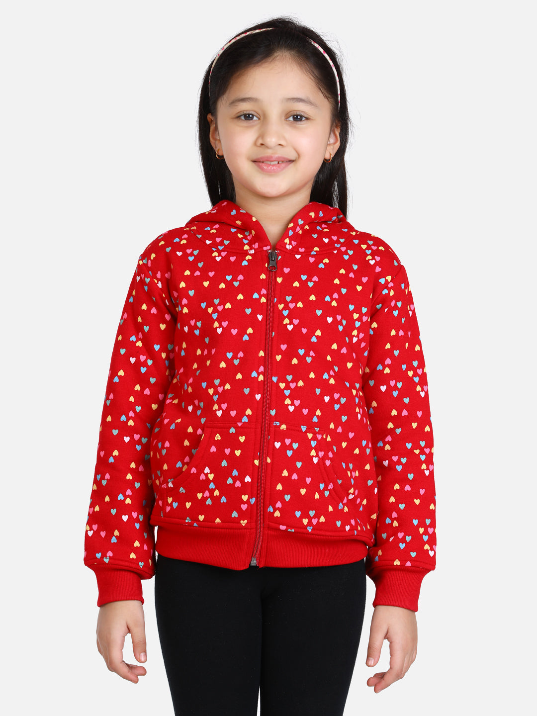 Girl's  Red Heart Printed Jacket With Hoodie - StyleStone Kid