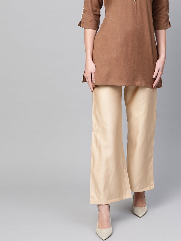 Women's  Beige Solid Straight Palazzos - AKS