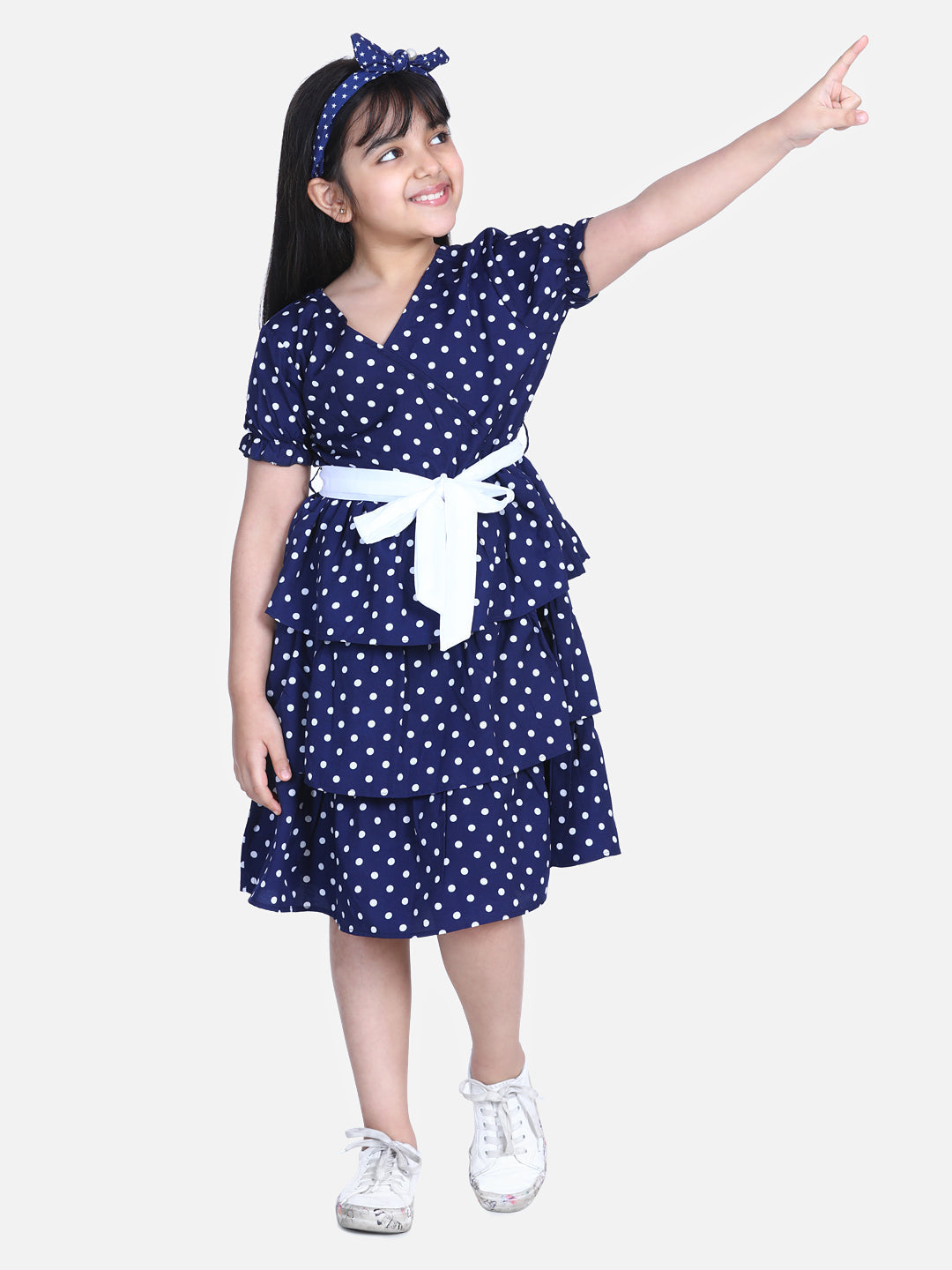 Girl's  Navy Polka Multi Tier Dress With Belt  - StyleStone Kid