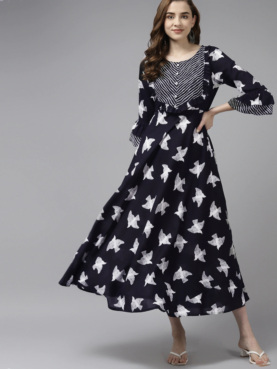 Women's Black & White Pure Cotton Bird Print Maxi Flared Dress - Yufta